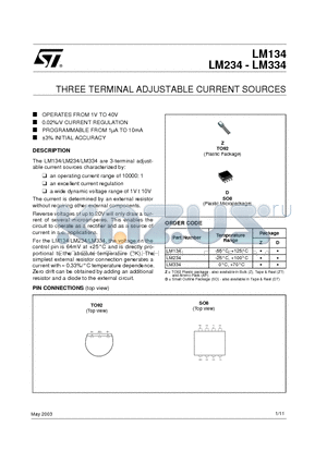 LM134 datasheet - THREE TERMINAL ADJUSTABLE CURRENT SOURCES