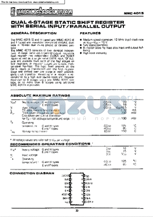 MMC4015 datasheet - DUAL 4-STAGE STATIC SHIFT REGISTER WITH SERIAL INPUT / PARALLEL OUTPUT