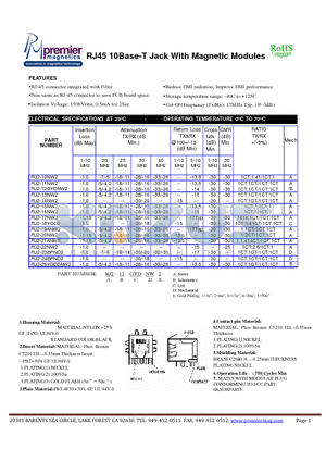 RJ2-25YGDSNW2 datasheet - RJ45 10Base-T Jack With Magnetic Modules