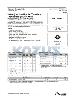MMG3004NT1 datasheet - Heterojunction Bipolar Transistor Technology (InGaP HBT)