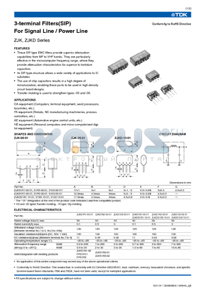 ZJKD51R1-15-01 datasheet - 3-terminal Filters(SIP) For Signal Line / Power Line