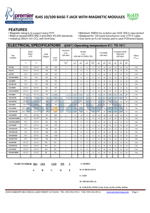 RJ3-64AGGD2 datasheet - RJ45 10/100 BASE-T JACK WITH MAGNETIC MODULES