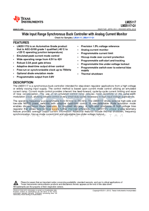 LM25117-Q1 datasheet - Wide Input Range Synchronous Buck Controller with Analog Current Monitor