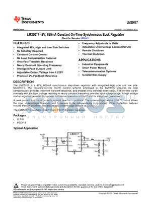 LM25017MRX/NOPB datasheet - 48V, 650mA Constant On-Time Synchronous Buck Regulator