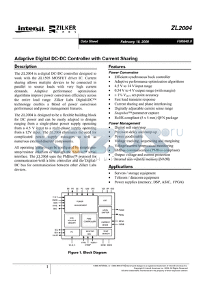 ZL2004 datasheet - Adaptive Digital DC-DC Controller with Current Sharing
