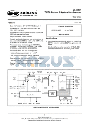 ZL30101 datasheet - T1/E1 Stratum 3 System Synchronizer