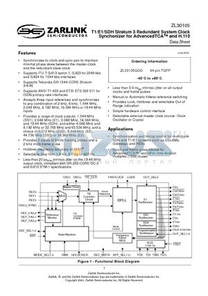 ZL30105QDG datasheet - T1/E1/SDH Stratum 3 Redundant System Clock Synchonizer for AdvancedTCA and H.110