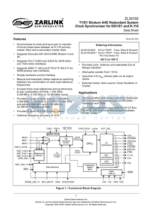 ZL30102QDG1 datasheet - T1/E1 Stratum 4/4E Redundant System Clock Synchronizer for DS1/E1 and H.110