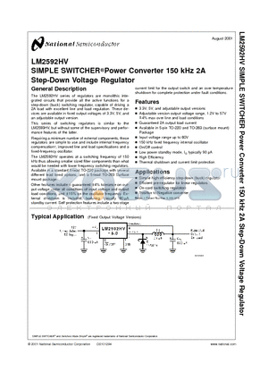 LM2592HVS-3.3 datasheet - SIMPLE SWITCHER Power Converter 150 kHz 2A Step-Down Voltage Regulator