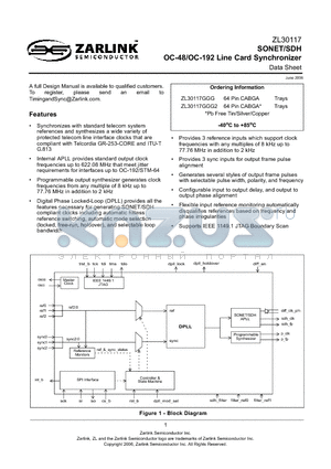 ZL30117GGG2 datasheet - SONET/SDH OC-48/OC-192 Line Card Synchronizer