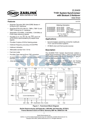 ZL30409/DDE datasheet - T1/E1 System Synchronizer with Stratum 3 Holdover