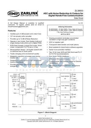 ZL38001 datasheet - AEC with Noise Reduction & Codecs for Digital Hands-Free Communication