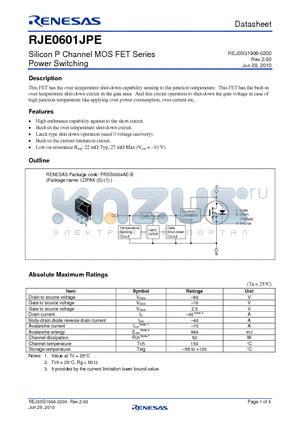 RJE0601JPE datasheet - Silicon P Channel MOS FET Series Power Switching