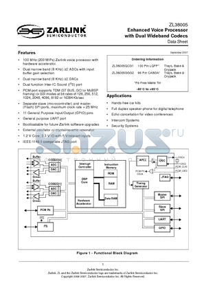 ZL38005GGG2 datasheet - Enhanced Voice Processor with Dual Wideband Codecs