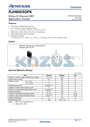 RJH60D5DPK-00-T0 datasheet - Silicon N Channel IGBT Application: Inverter