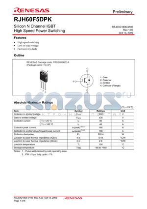RJH60F5DPK datasheet - Silicon N Channel IGBT High Speed Power Switching