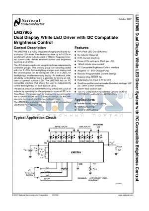 LM27965 datasheet - Dual Display White LED Driver with I2C Compatible Brightness Control