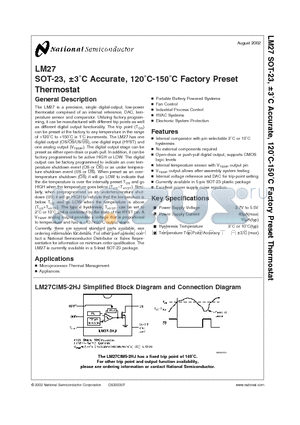 LM27CIM5-2HJ datasheet - SOT-23, 3 Degree Celcious Accurate, 120-150 Degree Celcious Factory Preset Thermostat