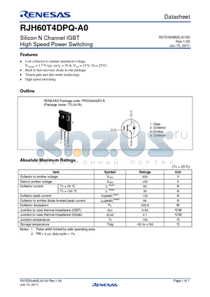 RJH60T4DPQ-A0 datasheet - Silicon N Channel IGBT High Speed Power Switching