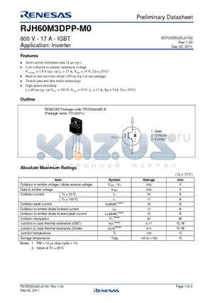 RJH60M3DPP-M0 datasheet - 600 V - 17 A - IGBT Application: Inverter