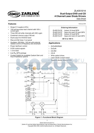 ZL40510 datasheet - Dual Output DVD and CD 4 Channel Laser Diode Drivers