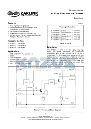 ZL40814DCE datasheet - 13.5GHz Fixed Modulus Dividers