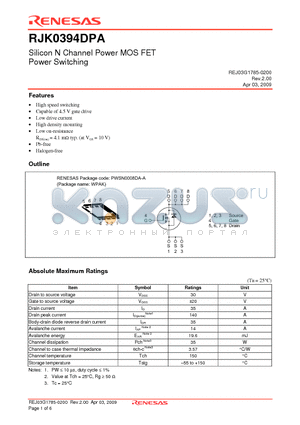 RJK0394DPA datasheet - Silicon N Channel Power MOS FET Power Switching