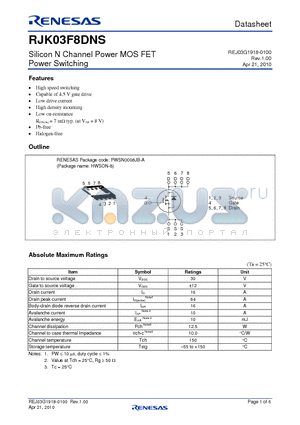 RJK03F8DNS datasheet - Silicon N Channel Power MOS FET Power Switching