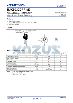 RJK5030DPP-M0-T2 datasheet - Silicon N Channel MOS FET High Speed Power Switching
