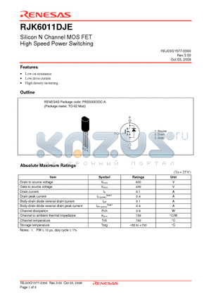 RJK6011DJE-00-Z0 datasheet - Silicon N Channel MOS FET High Speed Power Switching