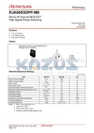 RJK6053DPP-M0 datasheet - Silicon N Channel MOS FET High Speed Power Switching