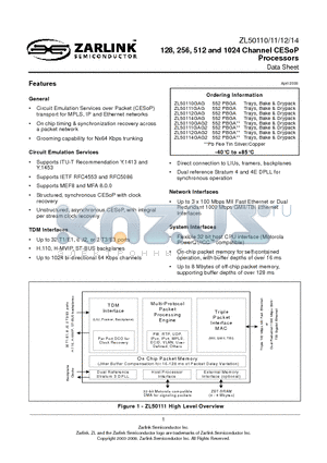 ZL50110 datasheet - 128, 256, 512 and 1024 Channel CESoP Processors