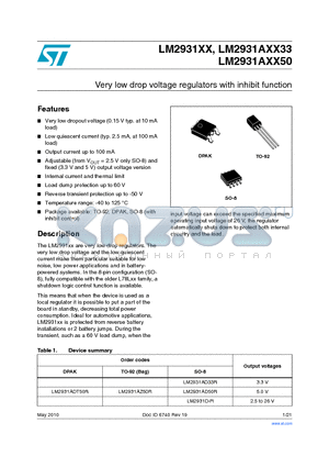 LM2931D-R datasheet - Very low drop voltage regulators with inhibit function
