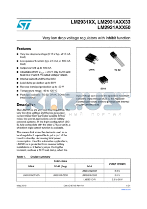 LM2931XX datasheet - Very low drop voltage regulators with inhibit function