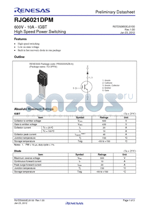 RJQ6021DPM datasheet - 600V - 10A - IGBT High Speed Power Switching