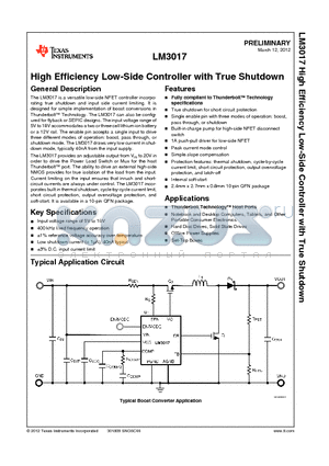 LM3017 datasheet - High Efficiency Low-Side Controller with True Shutdown
