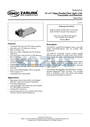 ZL60101MJD datasheet - 12 x 2.7 Gbps Parallel Fiber Optic Link Transmitter and Receiver