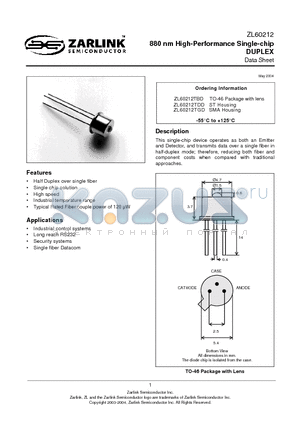 ZL60212 datasheet - 880 nm High-Performance Single-chip DUPLEX