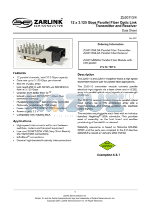 ZL60113MLDA datasheet - 12 x 3.125 Gbps Parallel Fiber Optic Link Transmitter and Receiver