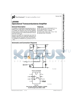 LM3080N datasheet - Operational Transconductance Amplifier