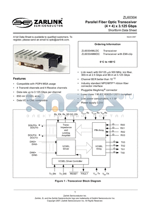 ZL60304_07 datasheet - Parallel Fiber Optic Transceiver Parallel Fiber Optic Transceiver