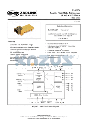 ZL60304MJDA datasheet - Parallel Fiber Optic Transceiver (4  4) x 3.125 Gbps