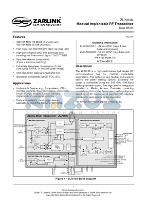 ZL70100LDF1 datasheet - Medical Implantable RF Transceiver