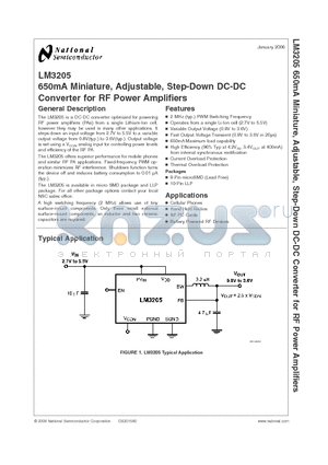 LM3205 datasheet - 650mA Miniature, Adjustable, Step-Down DC-DC Converter for RF Power Amplifiers