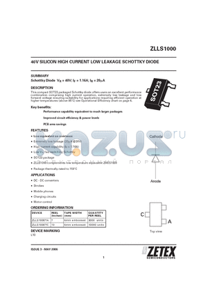 ZLLS1000TA datasheet - 40V SILICON HIGH CURRENT LOW LEAKAGE SCHOTTKY DIODE