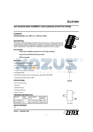 ZLLS1000TC datasheet - 40V SILICON HIGH CURRENT LOW LEAKAGE SCHOTTKY DIODE