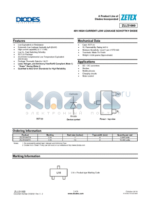ZLLS1000TC datasheet - 40V HIGH CURRENT LOW LEAKAGE SCHOTTKY DIODE