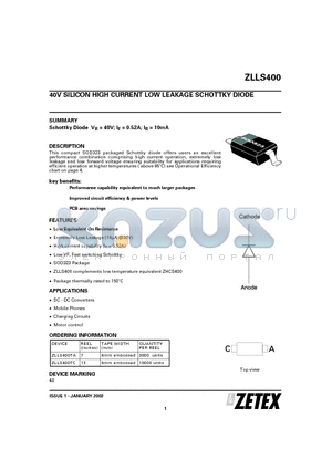 ZLLS400 datasheet - 40V SILICON HIGH CURRENT LOW LEAKAGE SCHOTTKY DIODE