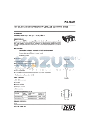 ZLLS2000_07 datasheet - 40V SILICON HIGH CURRENT LOW LEAKAGE SCHOTTKY DIODE