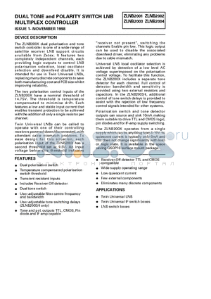 ZLNB2001 datasheet - DUAL TONE and POLARITY SWITCH LNB MULTIPLEX CONTROLLER